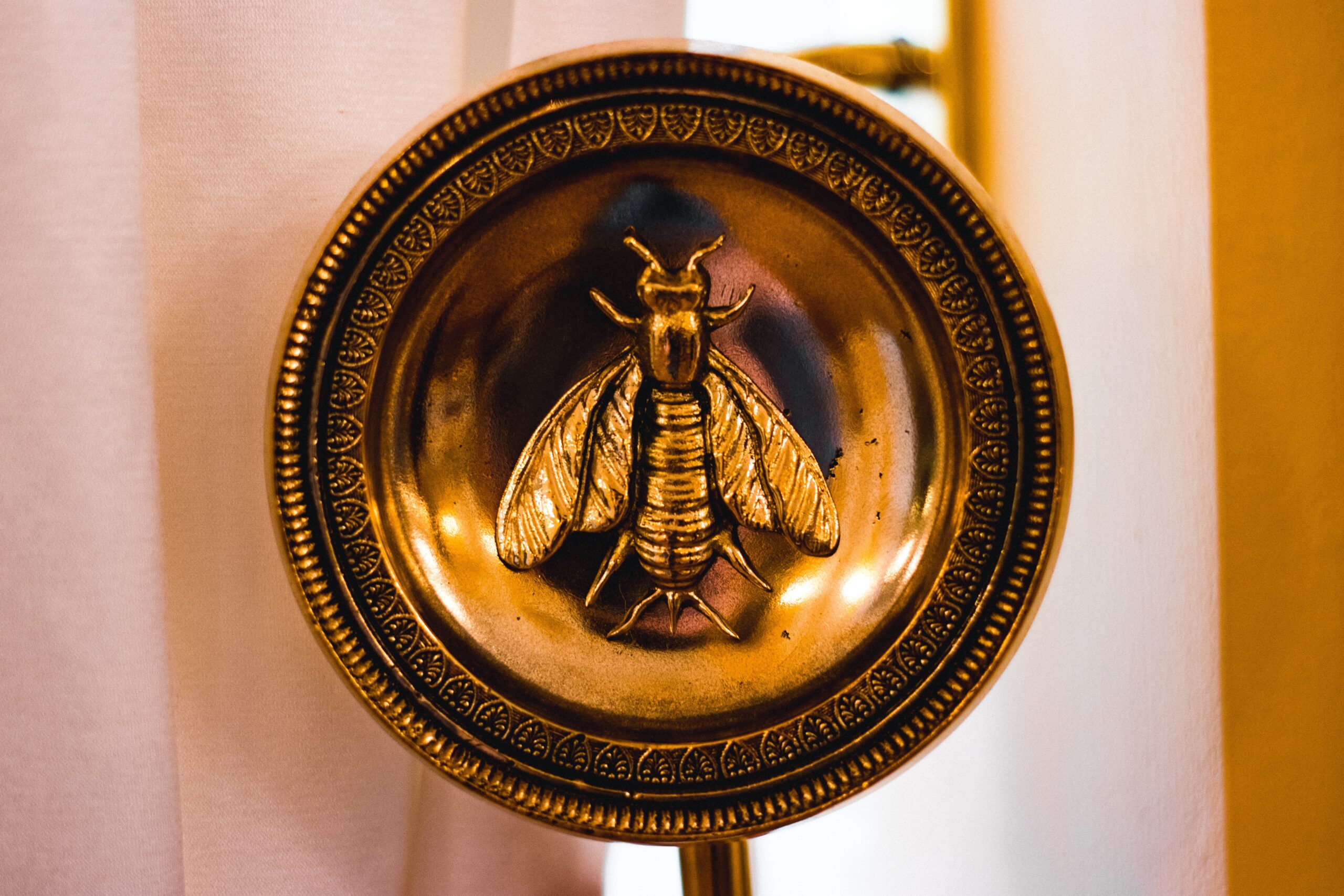 A closeup of a round, brass, dresser knob with a bee.