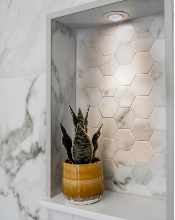 A house plant inside a nook made of marble and tile