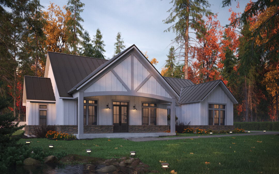 A custom-built home with grass and trees.