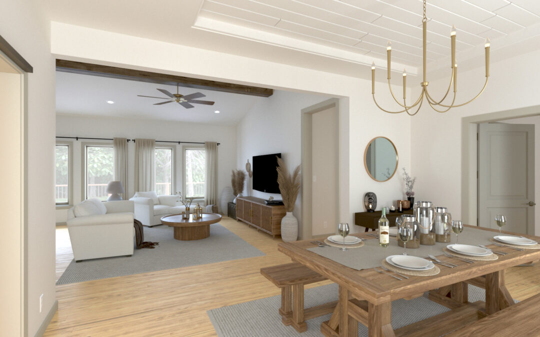 A dining room with a chandelier and a wooden table with placesettings.