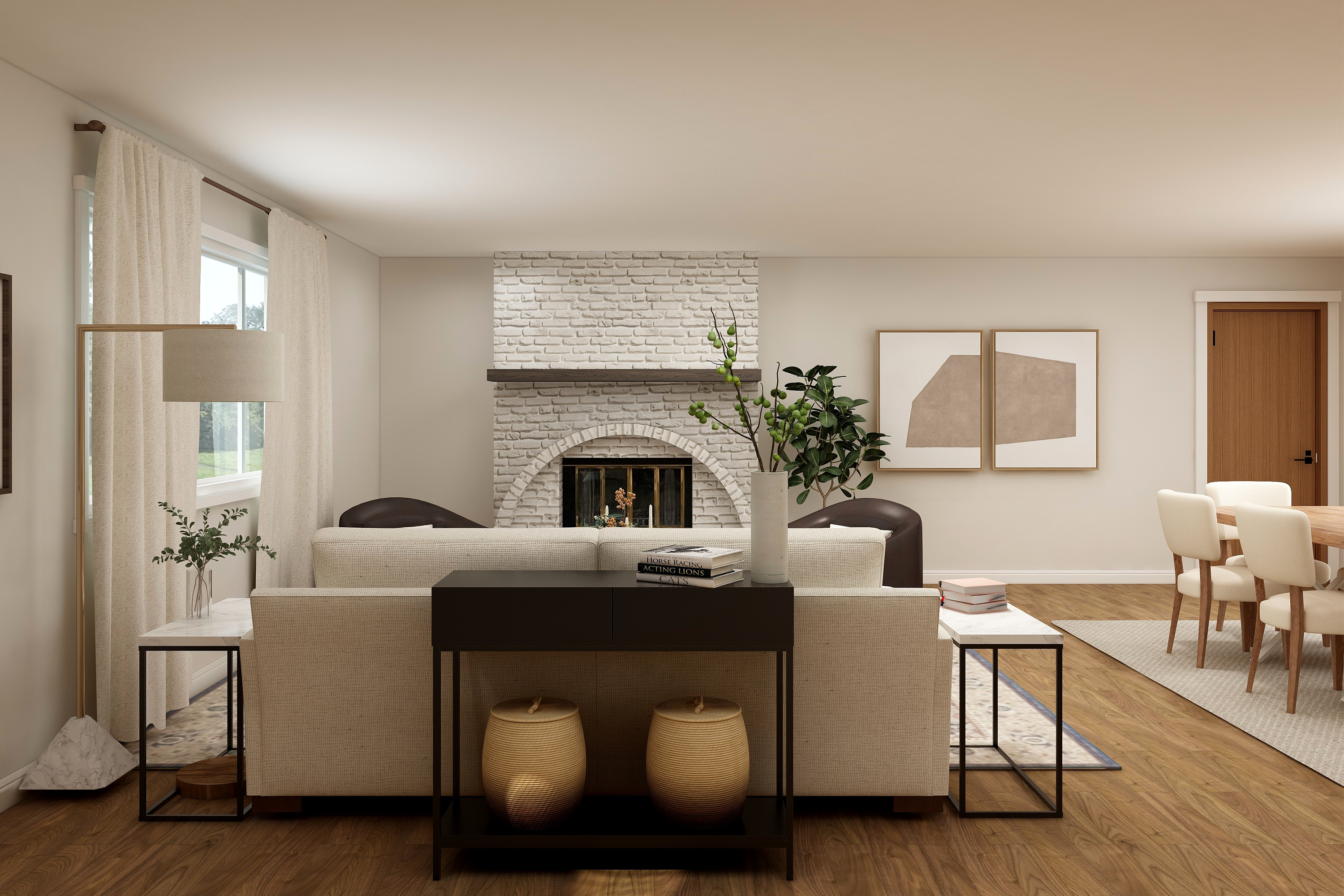 A white living room with a couch with tables 