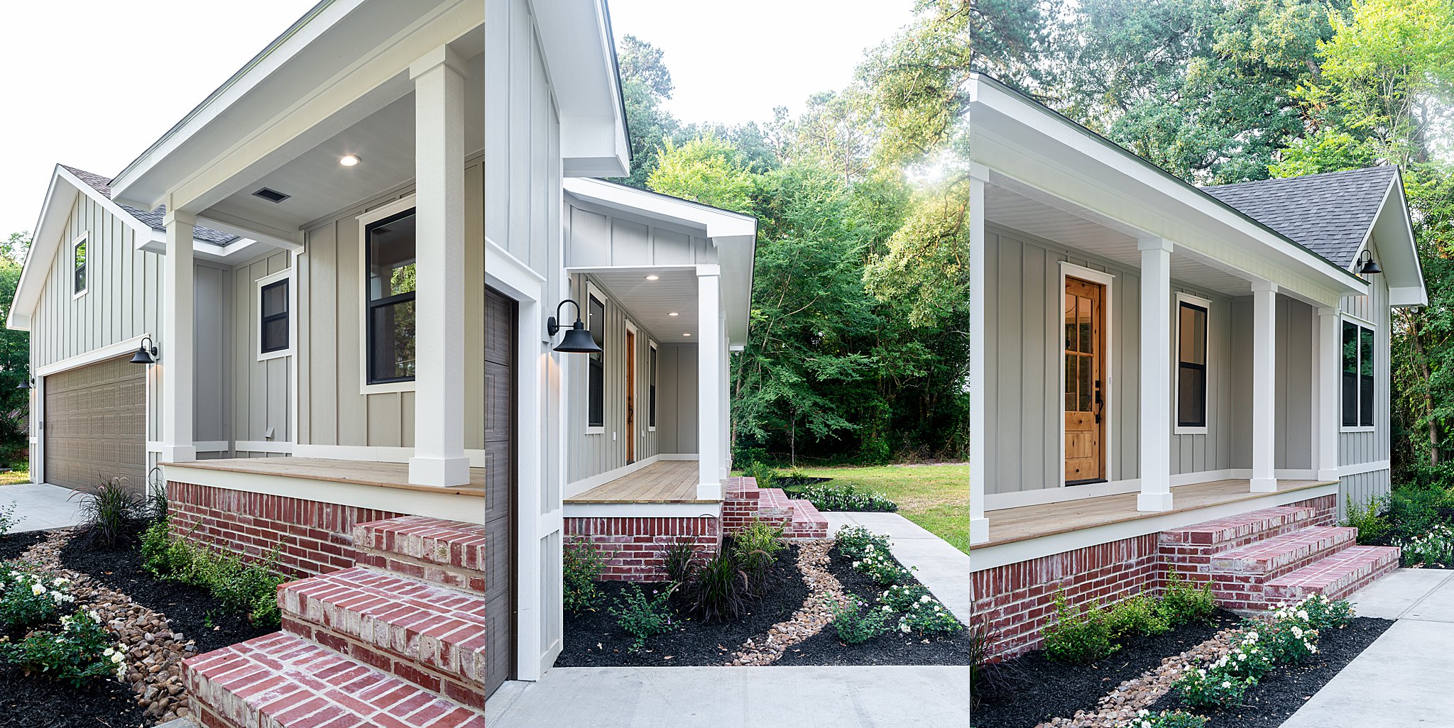 A front porch of a house with brick stairs.