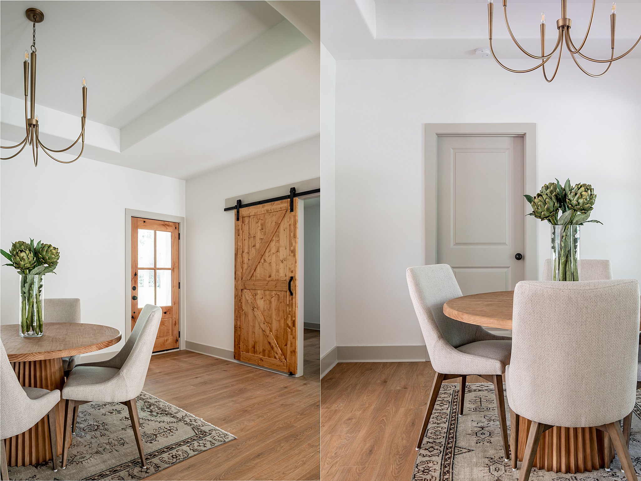 An entranceway to a house with table, chairs and a chandelier.