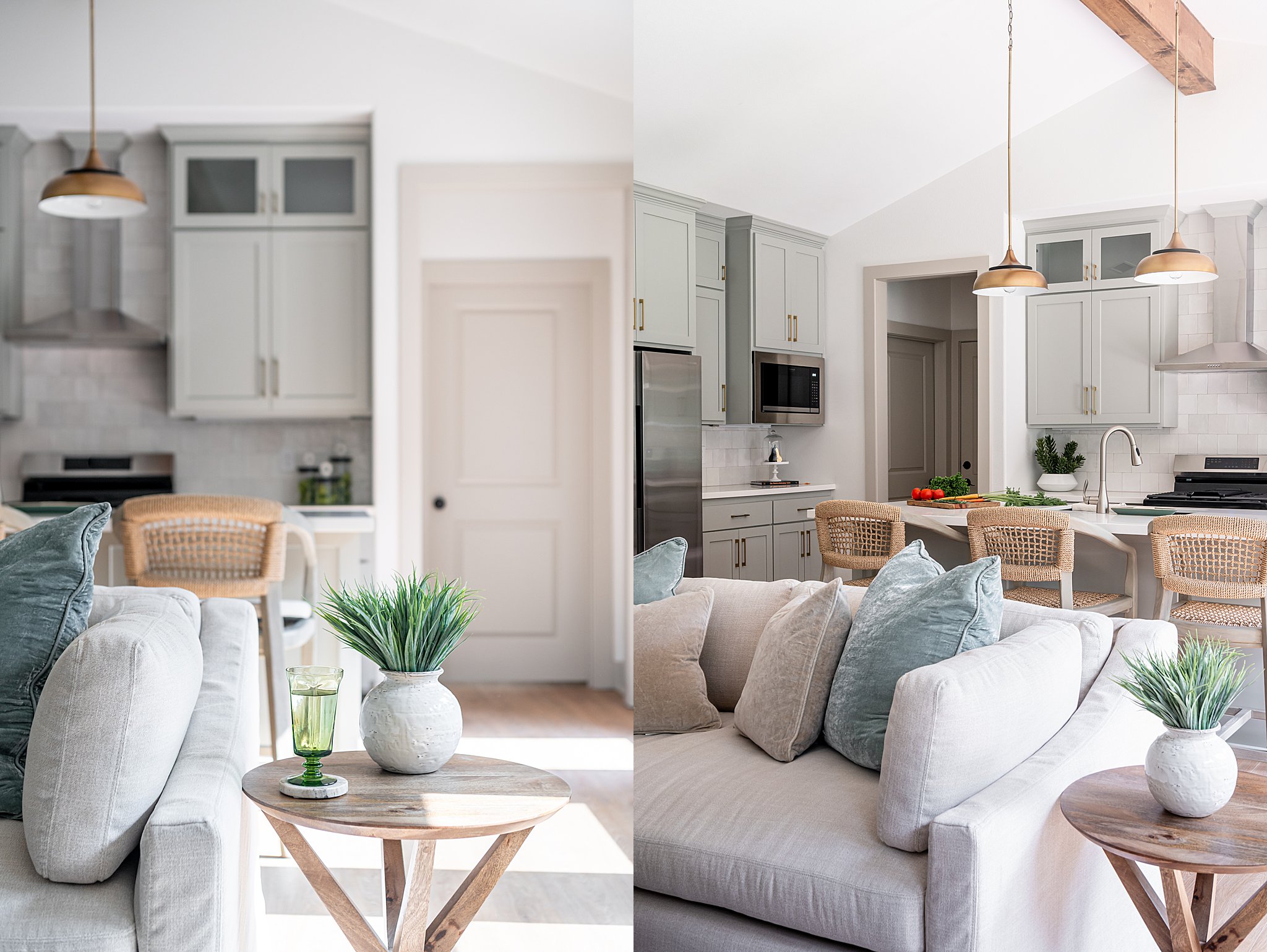 A kitchen and dining room with a table and a plant.