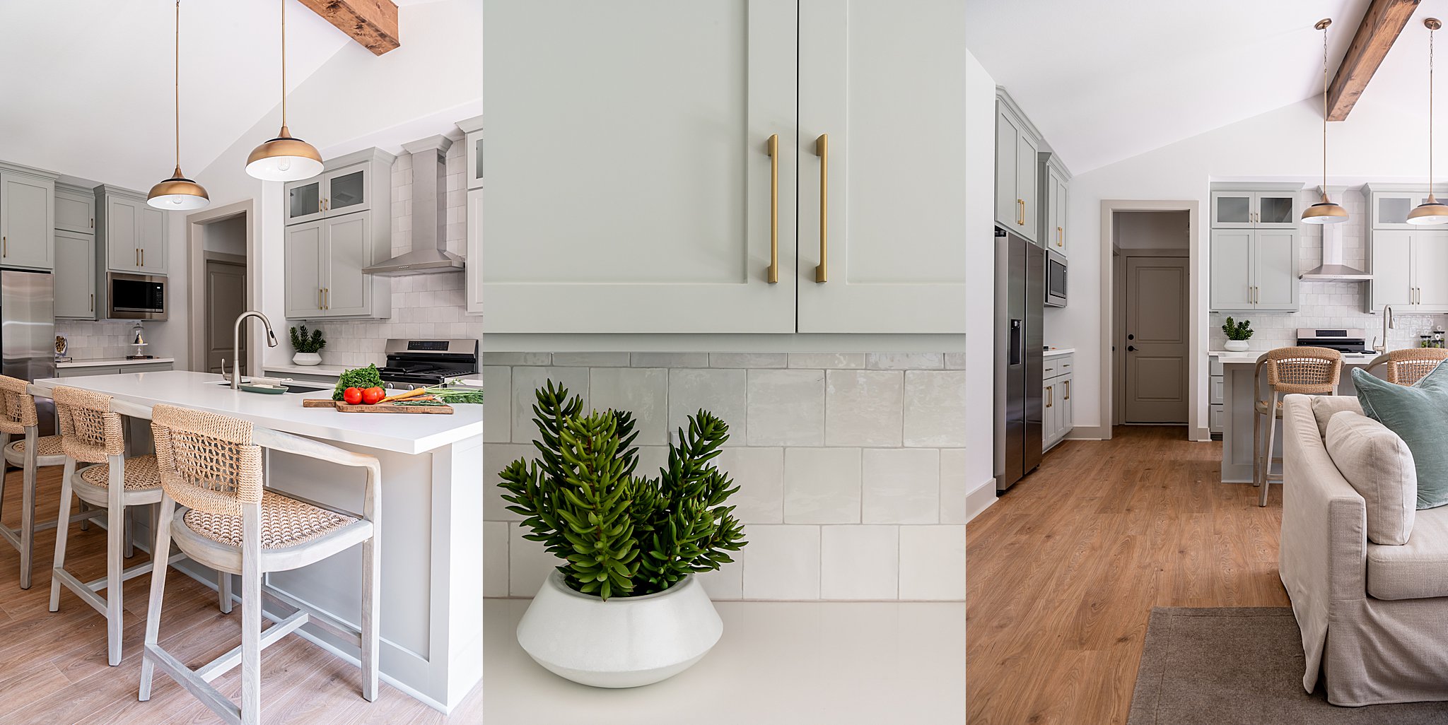 A kitchen island with chairs, an indoor plant, and a living room couch