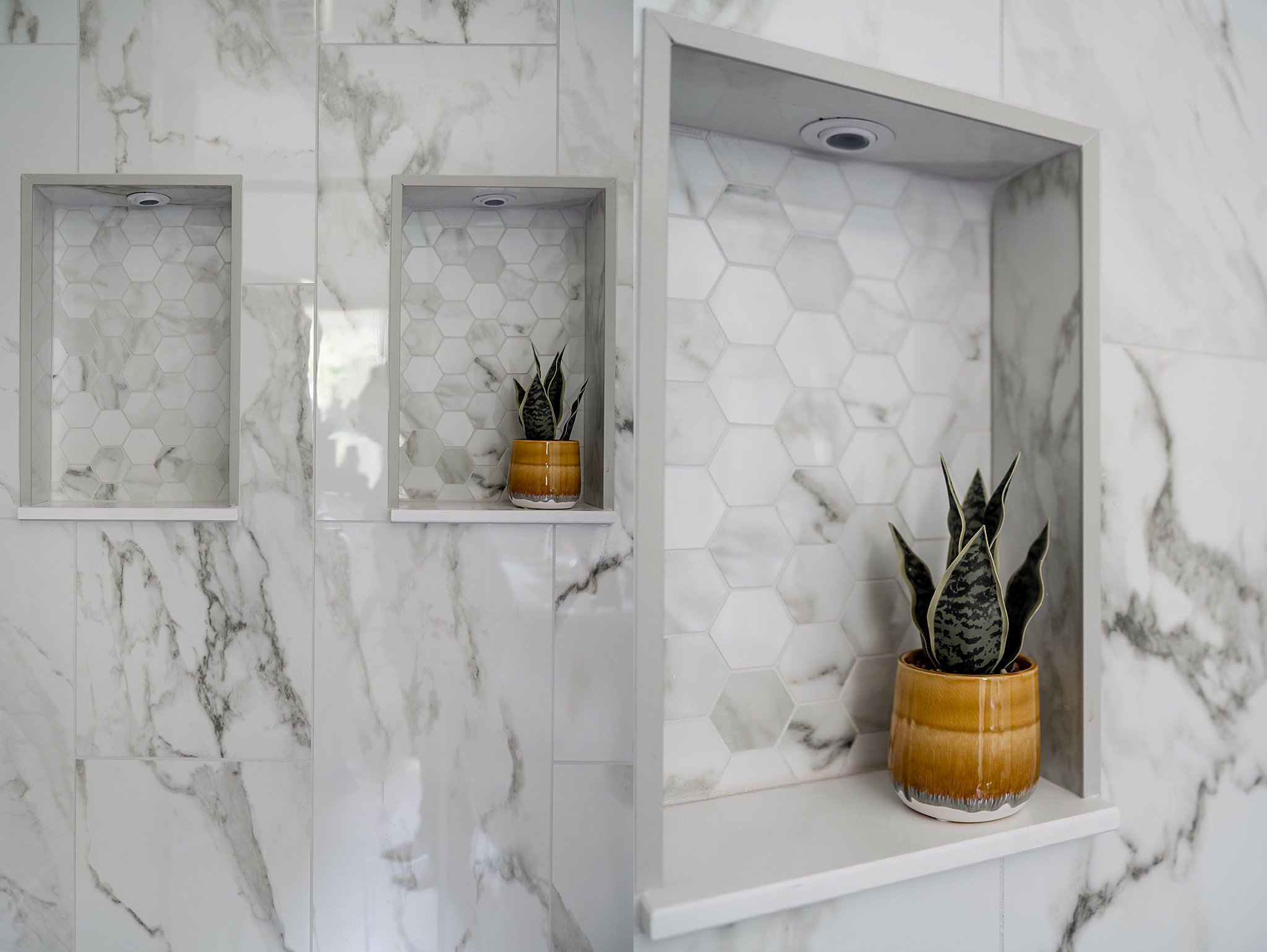 A bathroom with tile, marble and a house plant in the nook.